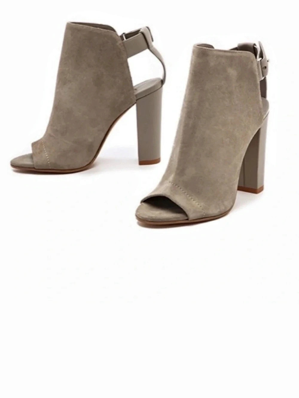 Vince "Addison" Suede Peep-Toe Block Heel Booties – Taupe/Grey